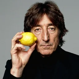 John Lennon holding a Lemon next to his face