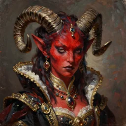 painted close - up portrait of an attractive red - skinned intimidating demon girl with ram horns. oil painting, wearing a noblewoman's outfit, fantasy art by greg rutkowski and john singer sargent and gaston bussiere, demon noble character design