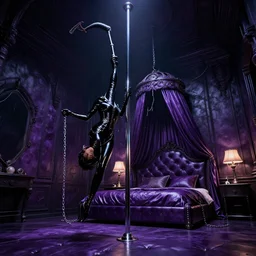 high definition interior photographs tall ceilings, purple leather dungeon bedroom, blade runner 2 0 4 9, chrome dance pole, latex outfits, whips, floggers, chains, handcuffs king size canopy bed, moody dark cinematic lighting,