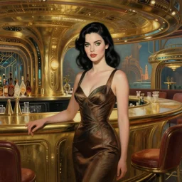 beautiful woman with black hair and green eyes. she is wearing a cocktail dress. she is in the bar of the atlantis paradise, a retro futuristic spaceship made of brass bronze gold, art deco influence, hotel style design. clean, well composed painting by artgerm and greg rutkowski and tim white.