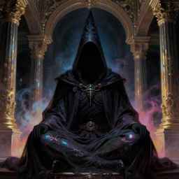 a close - up view portrait of a silhouetted supernatural wizard meditating in baroque neoclassicist halls with iridescent metallic technology. close - up view, detailed textures. glowing colorful fog, dark black background. highly detailed fantasy science fiction painting by moebius, norman rockwell, frank frazetta, and syd mead. rich colors, high contrast. artstation