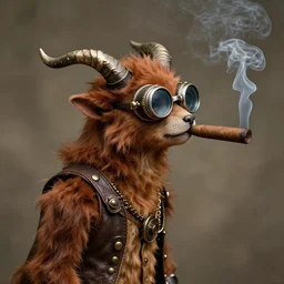 steampunk satyr, side profile, three horns, goggles, smoking a cigar, auburn fur, victorian england, slim, sneaky