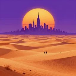 science fiction wallpaper, pc game, point - and - click adventure, daedalic entertainment, desert with city in the skyline, two suns, purple orange colors, sharp focus, illustration, highly detailed, digital painting, concept art, matte, art by wlop and artgerm and greg rutkowski and alphonse mucha, masterpiece
