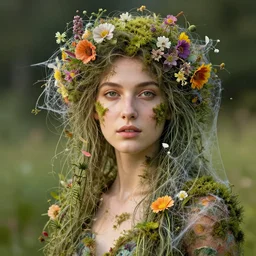 a beautiful woman portrait covering with flowers, thin tendrils and moss and spiderweb, by jean delville, by edmund dulac, by jean giraud, by ellen jewett, landscape photography composition, vivid colors, octane render, redshift render