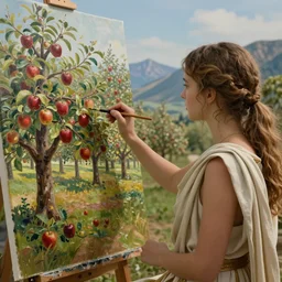 a closeup photorealistic photograph of girl painting canvas showing fantasy apple orchard, she weared roman toga, film still, brightly lit scene, mountains and trees. this 4 k hd image is trending on artstation, featured on behance, well - rendered, extra crisp, features intricate detail, epic composition and the style of unreal engine