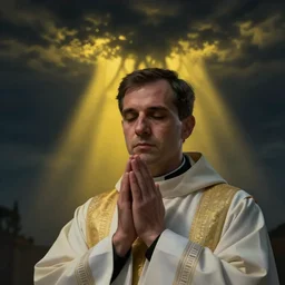 Close up of a priest in his thirties fervently praying as he is about to die from the ominous yellow shadow descending upon him from the night sky. Low angle, dramatic lighting. Award-winning digital art, trending on ArtStation