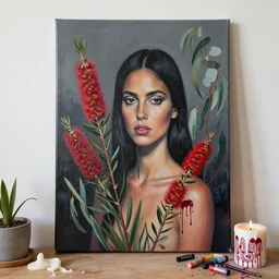 “ charred, bushfire, a portrait in a female art student ’ s apartment, australian wildflowers, sensual, queer woman, flax, flannel flower, bottlebrush, eucalyptus, art supplies, a candle dripping white wax, aboriginal art, berry juice drips, acrylic and spray paint and oilstick on canvas, surrealism, neoexpressionism ”