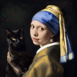 portrait by vermeer of a black cat holding a pet human
