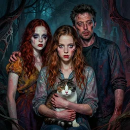 cinematic colorful horror artwork by artgerm, and mark brooks ; real life full portrait of three humans family posing together with pet cat, the man was ben affleck, the woman was dove cameron, and the boy was tyler ; melancholy haunting ; 8 k hdr, creepy intricate ; volumetric dramatic lighting, insanely detailed