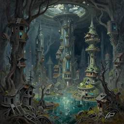 beautiful oil painting of a subterranean cyberpunk city with abandoned houses fantasy trees, water, painted by James Gurney