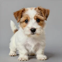 a high quality painting of a very cute scruffy wire haired jack russell terrier puppy, white with chocolate brown spots, brown patches over both eyes. friendly, curious expression. painting by rembrandt