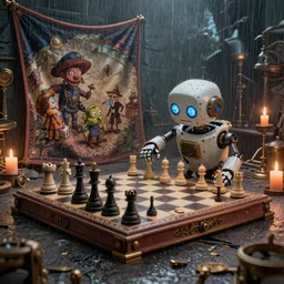 a beautiful tapestry, a small robot playing 3 d multi layer chess, ultra detailed, atmospheric lighting, rain, steampunk, moody, candles, characters from machinarium, by don bluth, trending on artstation, octane render, 8 k, ultra realistic