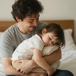 digital photo of father hold his sleepy daughter before the bed. - 3