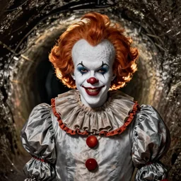 stephen king as pennywise the clown, professional photography, in sewer tunnel, buck teeth, meek smile