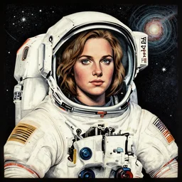 a woodblock print full portrait of the young sigourney weaver, as an astronaut, hyper detailed, award winning, exploring the galaxy painting by chiara bautista and karl kopinski and kim jung giu and weta studio, and lucasfilm and jesper ejsing and norman rockwell greg rutkowski frank frazzeta