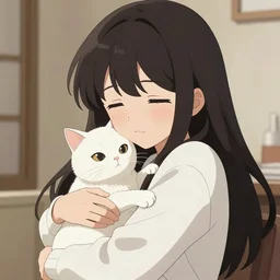 anime girl hugging a white cat
