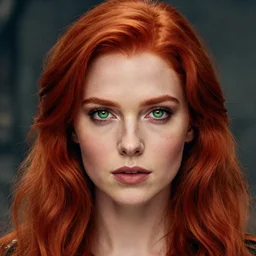 gorgeous red head, red hair, with green eyes, in a sci fi world, detailed, epic masterpiece of cinematographic hyperrealism, realistic shaded lighting poster by craig mallismo, artgerm, jeremy lipkin and michael garmash