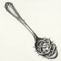a large knotted spoon, twisted, thorny, alchemical drawing, ink on paper, anatomical drawing, durero, 8 k, intricate, highly detailed,