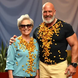 ( ellen degeneres ) standing next to ( hulk hogan ) covered in beans