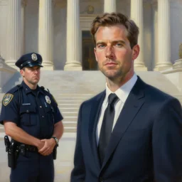contemporary oil matte portrait painting, man in a suit next to a police officer standing outside a courthouse in new york, detailed faces, wonderful masterpiece highly detailed, beautiful cinematic light deep focus, elegant, smooth, sharp focus, golden ratio, dramatic illumination, ultra realistic, 8 k, art by nathan walsh and jimmy law