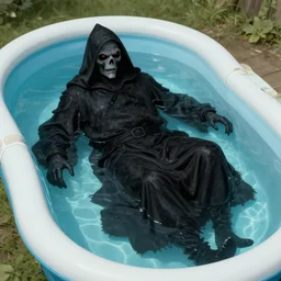a grim reaper lying in a kiddie pool, very detailed, perfect composition, perfect lighting, 4 k, jacques - laurent agasse, tim white, artgerm