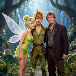 Madelaine Petsch as Peter Pan and Will Ferrel dressed as Tinkerbell, cinematic, Trending on Artstation, in the style of Ridley Scott, Neverland, Magical, Ethereal