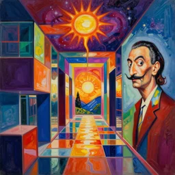 a extremely high quality hd detailed ultra-realistic photorealistic surrealism painting of neon cast glass cubism hallway melting into a warm picasso galaxy landscape by dali and zaha hadid, vivid colors, complimentary colors, melting sun, melting 4d cubes, hallway landscape, 8k, hd, high quality, high contrast