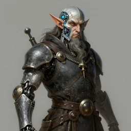 dwarfish artificer with a mechanical arm and half his face made of an technical implant. dungeons and dragons, highly detailed, digital painting, artstation, concept art, sharp focus, illustration, art by Leonardo da Vinci and Michelangelo and Botticelli