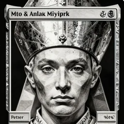 man wearing a fully reflective mitre that covers his eyes, symmetrical, beautiful illustration, ultra-detailed, passionate, geometric, mtg, style of craig mullins and peter mohrbacher