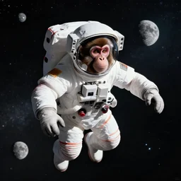 Photo Of A Monkey In An Astronaut Suit In Space, 4K, Near The Moon, Stars, Photorealistic