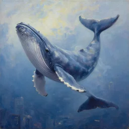 whales in the sky above the city in oil painting, trending on artstation, award winning, emotional, highly detailed ethereal surrealist art