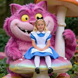very young donald trump dressed as alice from alice in wonderland, sits on a giant iridescent mushroom, a huge cheshire cat's smiling face can bee seen behind her