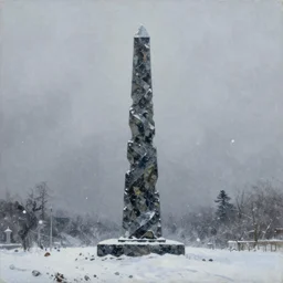 oil painting of a long, distant, twisting obelisk made of obsidian in a snowstorm