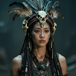 portrait of a cyberpunk tribal woman, ornate headdress with cables feathers and bones, gritty realism, movie still,