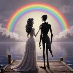 by sardax, by tim burton rainbow highly detailed, dignified. a beautiful land art of a man & a woman are standing on a dock, looking out at a body of water. the woman has her hand on the man's shoulder, & they appear to be deep in conversation. the colors in the land art are muted, & the scene has a calming feeling.