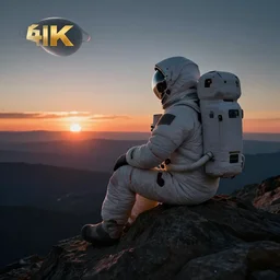 futuristic astronaut sittingt on top of a mountain looking at the horizon of a unknown planet, close shot, sunset, cinematic, epic, dark scenario, 8k, award winning,
