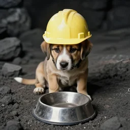 sad puppy wearing hard hat in dusty coal mine, empty dog bowl, photo from 1 9 9 8,