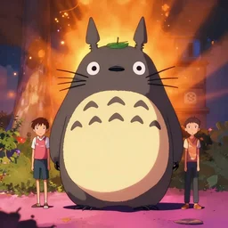colorful full body shot of a cute totoro, trending on artstation, trending on deviantart ,cinematic backlighting, 8k, symmetrical, correct proportions, hyper detail illustration by tim schafer, by peter chan, vibrant colors, by deamworks, orange lights, pink shadows