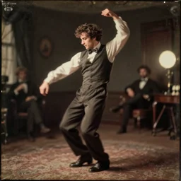 a smudged, grainy and blurry photograph showing the whole body of a man dynamically and frenetically dancing in a dark room, edwardian photograph, taken with soviet flash camera at slow shutter speed