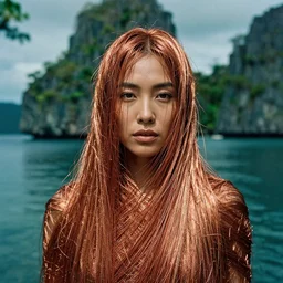 closeup portrait of a woman wrapped in copper fiber, standing in el nido in philippines, color photograph, by vincent desiderio, canon eos c 3 0 0, ƒ 1. 8, 3 5 mm, 8 k, medium - format print