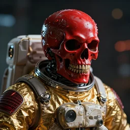 angry ornate red skull in astronaut suit, gold linens, cinematic lighting, dramatic,  octane render, long lens, shallow depth of field, bokeh, anamorphic lens flare, 8k, hyper detailed
