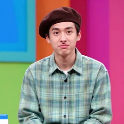 a thin guy with a big nose and an overbite wearing a brown beret and a palid green plaid shirt participating on a questions and answers tv show, coloful, vibrant colors