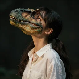 portrait of a beautiful korean dinosaur, medium closeup, pigtails, cinematic light, dark background, sideview, looking up, wrinkled cotton shirt, by serge marshennikov, jeremy lipking, artgerm, alphonse mucha