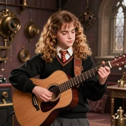 Hermione Granger wearing a black sweater, playing a guitar, in the Gryffindor common room, steampunk art