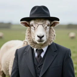 a portrait of a male sheep by andrews, esao, a gentleman, wearing a suit, a glasses, a hat