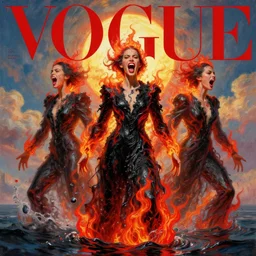 3 d, screaming fashion model, flame, liquid black and red water, sun, vogue cover style, poster art, high detail, intricate oil painting, multiple exposure, heaven mood, hyperrealism, 3 d, by tooth wu and wlop and beeple and greg rutkowski