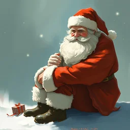 illustration of a small santa sitting on another bigger santa's knee, by greg rutkowski, artgerm, artstation, perfect faces, fine details
