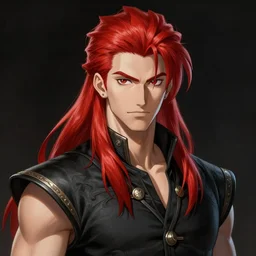 An epic fantasy comic book style portrait painting of young man with long red spiked hair. Wearing a black waistcoat, white shirt, using googles. Rockstar. Blasting fire on his hands. Unreal 5, DAZ, hyperrealistic, octane render, cosplay, RPG portrait, dynamic lighting