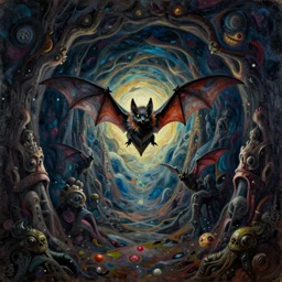caravaggio oil psychedelic landscape painting of a bat going though the portal to the underworlds, dark art, gothic, fantasy style, trending on artstation sharp award winning 8 k harrowing unnerving shadowy