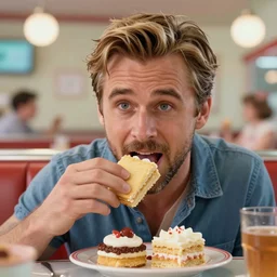 closeup face portrait of a tin toy ryan gosling eating cakes in a 1 9 5 0 s diner, by nicoletta ceccoli, mark ryden, lostfish, max fleischer, depth of field, detailed and intricate environment, 8 k resolution, hyperrealistic, octane render